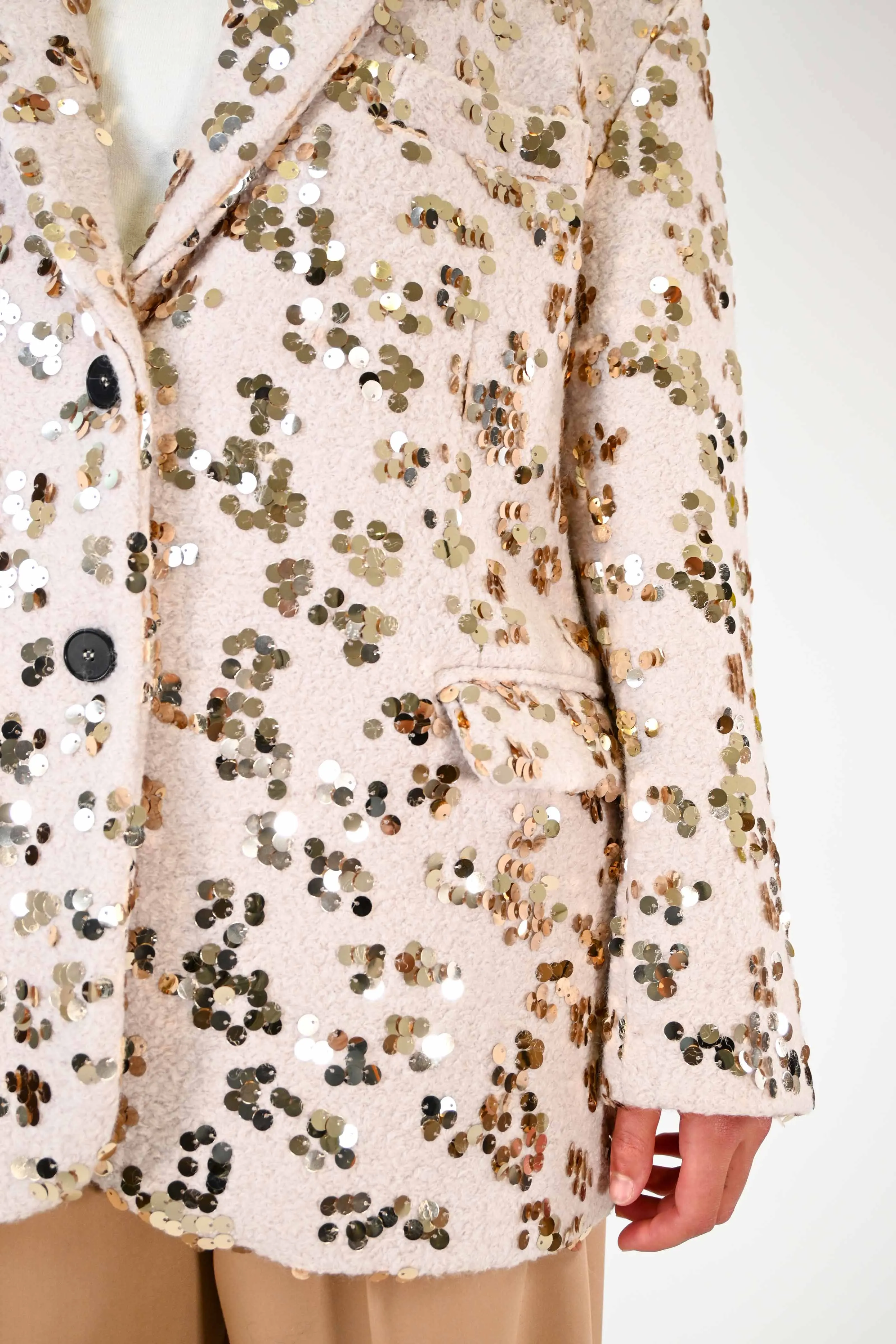 GIACCA OVER IN LANA BURRO CON PAILLETTES ORO